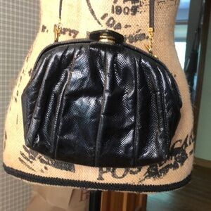 Judith Leiber 1980s Black Lizard Embossed Clutch